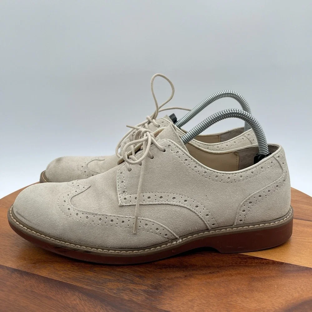 GH Bass & Co Shoes Mens 9.5 D‎ Beige Pembroke Suede Oxford Leather Dress Wingtip